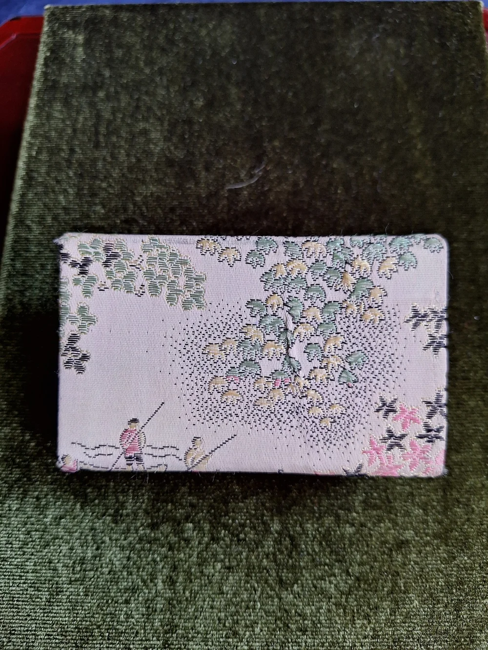 Silk Fabric Vintage Mini Lipstick Case - Ivory with Red Floral Motif
